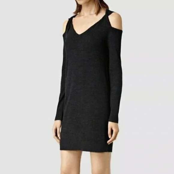AllSaints Neri Twist Cold Shoulder Sweater Dress Black 100% Merino Wool - Small - Picture 1 of 7